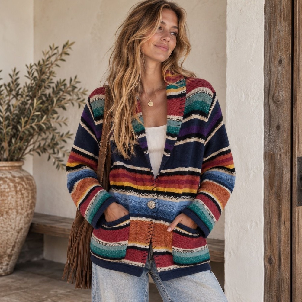 Coldwater Creek $139 Serape Sweater Jacket Size XL Aztec Striped Southwestern